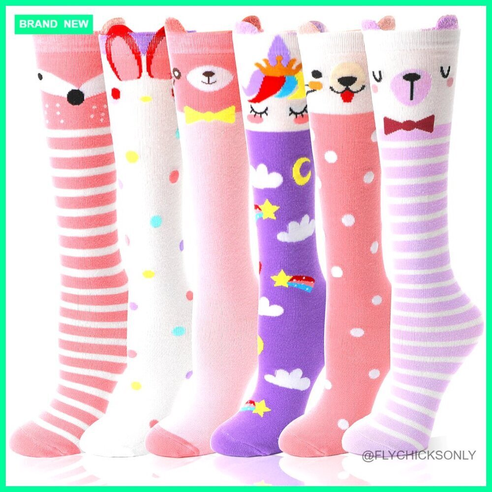 6 Pairs Girls Knee High Socks Animal Print Cotton Spandex 3-12 Years